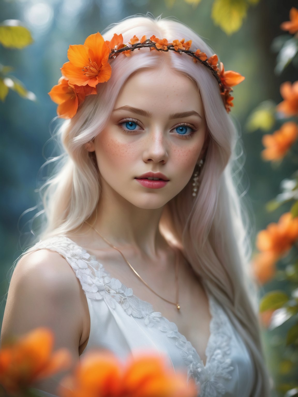 (best quality, 4k, 8k, highres, masterpiece:1.2), ultra-detailed, (realistic, photorealistic, photo-realistic:1.37),hyper realistic, 1girl,long hair,looking at viewer,realistic proportions,blue eyes,hair ornament,dress,very long hair,flower,red hair,parted lips,necklace,white dress,orange hair,lips,blurry background,freckles,realistic,head wreath,orange flower,realistic portrait 