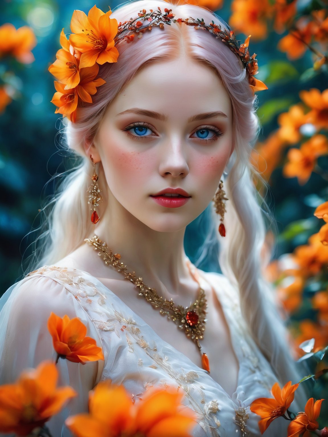 (best quality, 4k, 8k, highres, masterpiece:1.2), ultra-detailed, (realistic, photorealistic, photo-realistic:1.37),hyper realistic, 1girl,long hair,looking at viewer,realistic proportions,blue eyes,hair ornament,dress,very long hair,flower,red hair,parted lips,necklace,white dress,orange hair,lips,blurry background,freckles,realistic,head wreath,orange flower,realistic portrait 