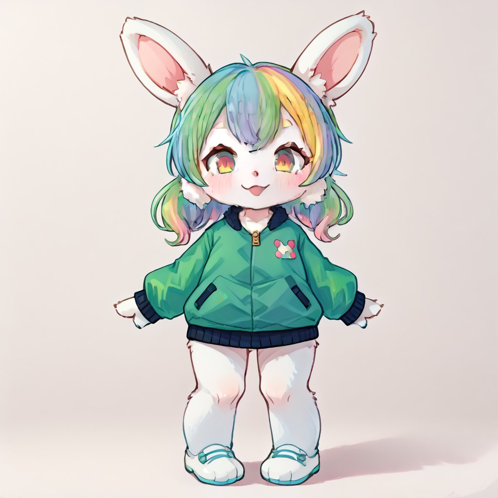 score_9, score_8_up, score_7_up, kemono, anthro bunny, cute, colorful hair, green jacket, digital art, anthro, 1girl, white fur