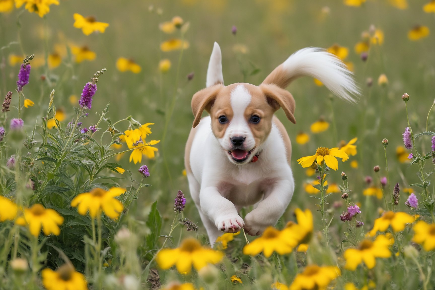 A playful puppy chases its tail in a field of wildflowers