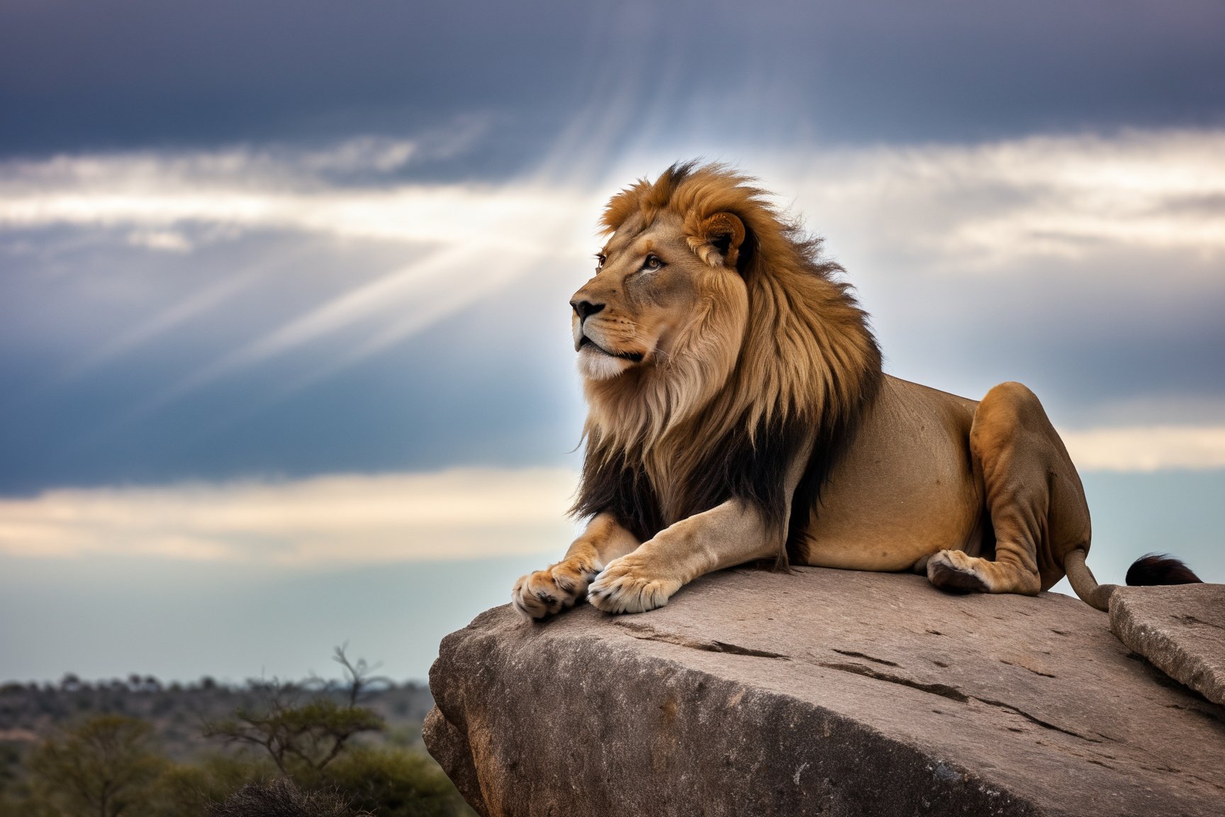 A majestic lion with a flowing mane surveys its kingdom from atop a rocky outcrop.