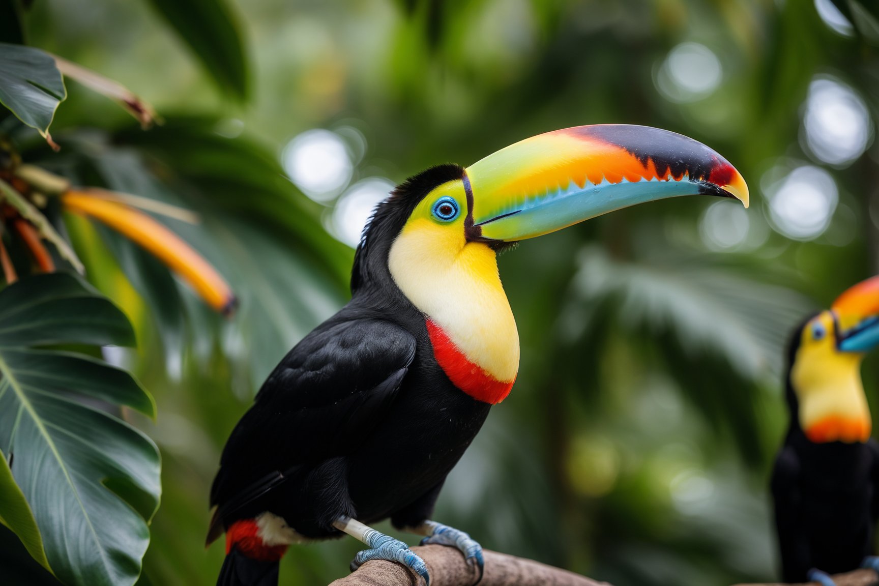 A vibrant toucan with a colorful beak perched on a tropical fruit.