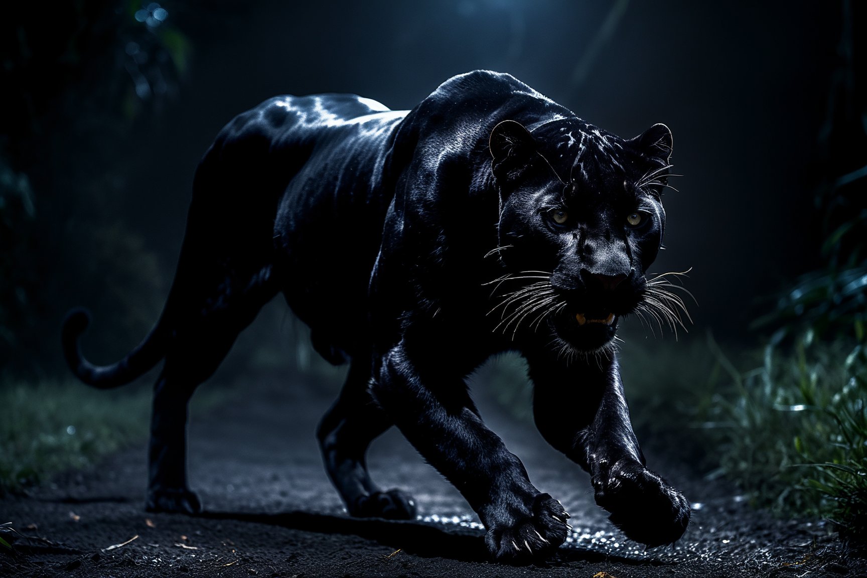 A sleek black panther prowling through the night, its eyes glowing in the darkness.