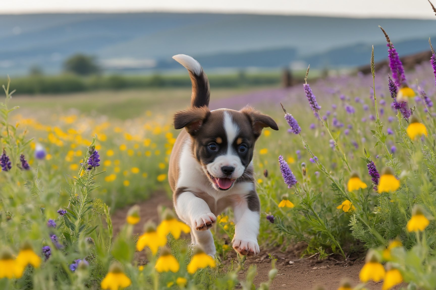 A playful puppy chases its tail in a field of wildflowers