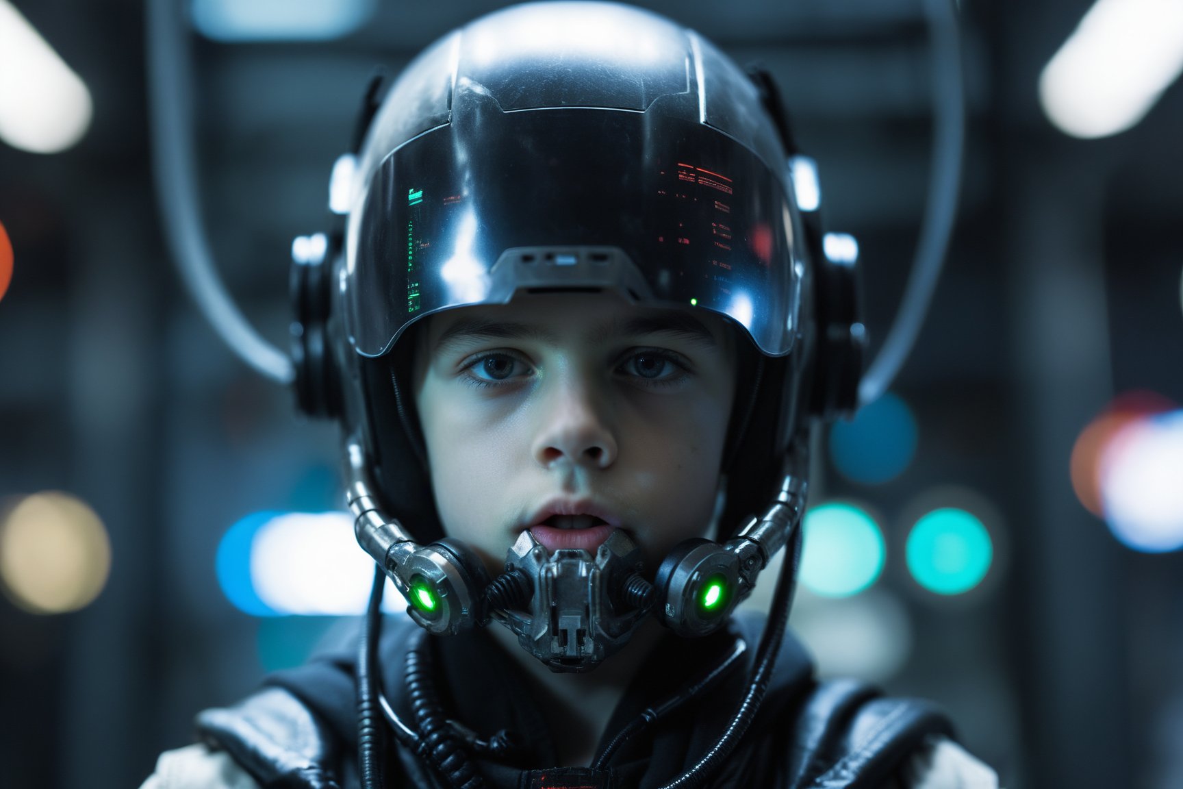 1boy, solo, realistic, science fiction, helmet, cable, cyberpunk, lips, portrait, head-mounted display, blurry, robot, depth of field, blurry background, closed mouth, screen, glowing, facing viewer