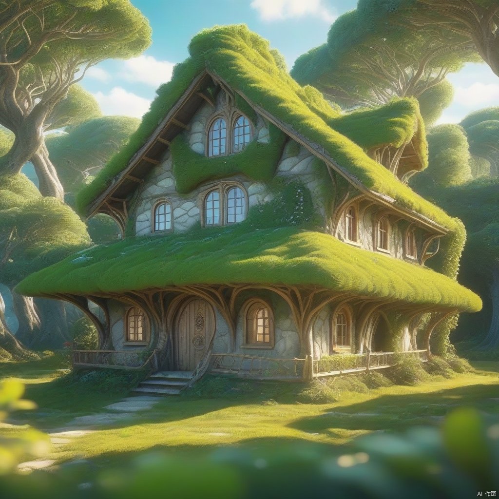 House built with trees, presence, so many elves ((best quality)), ((intricate details)), ((surrealism)) (8k)