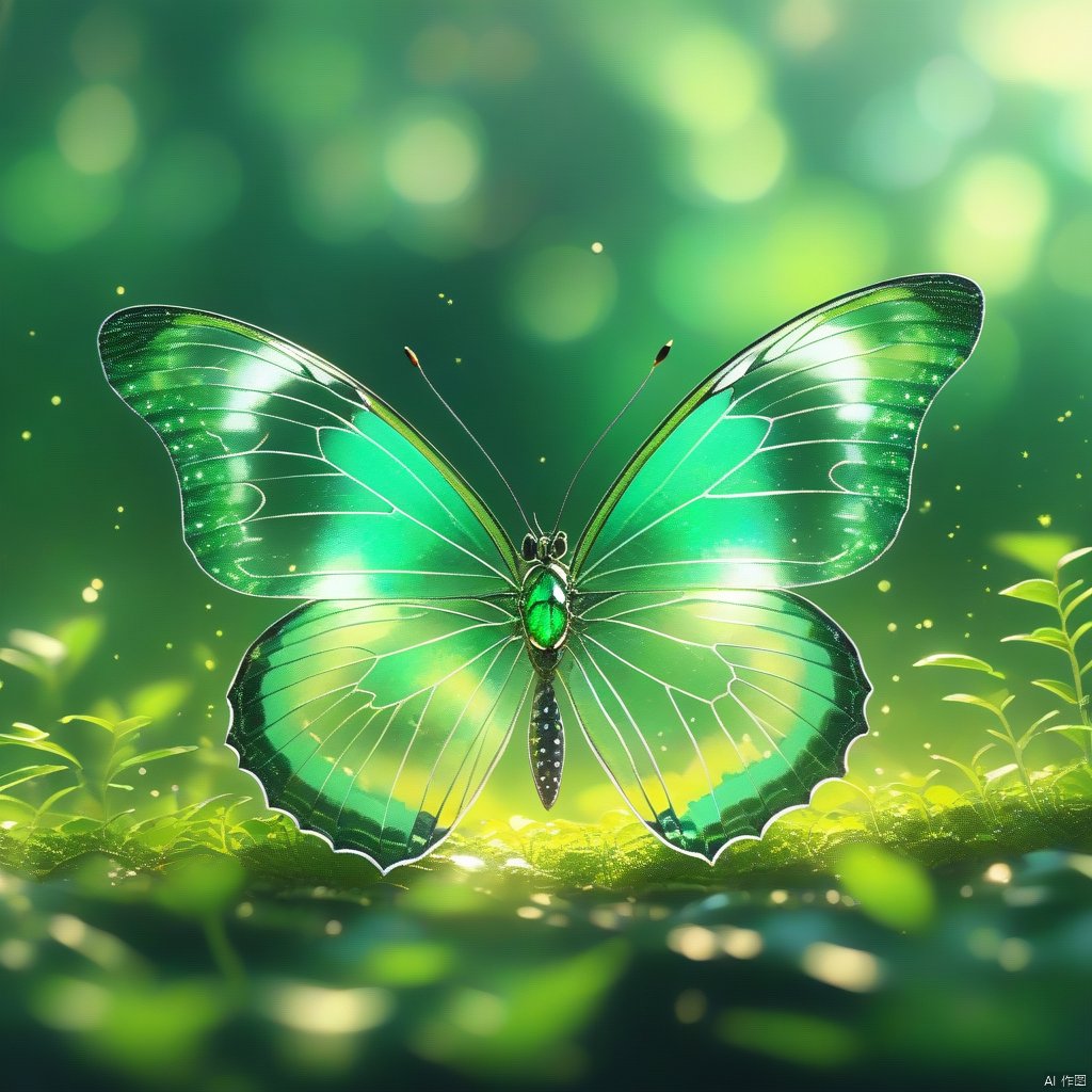 Best quality, very good, 16 thousand, ridiculous, extremely detailed, gorgeous transparent emerald butterfly, background grassland ((masterpiece full of fantasy elements))), ((best quality)), ((intricate details ))(8k)