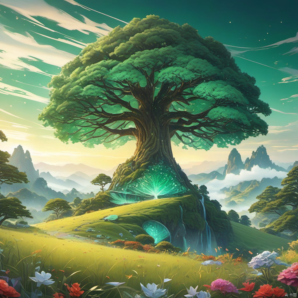 Best quality, very good, 16 thousand, ridiculous, extremely detailed, gorgeous big tree made of translucent emerald, background grassland ((masterpiece full of fantasy elements))), ((best quality) ), ((Intricate details)) (8k)