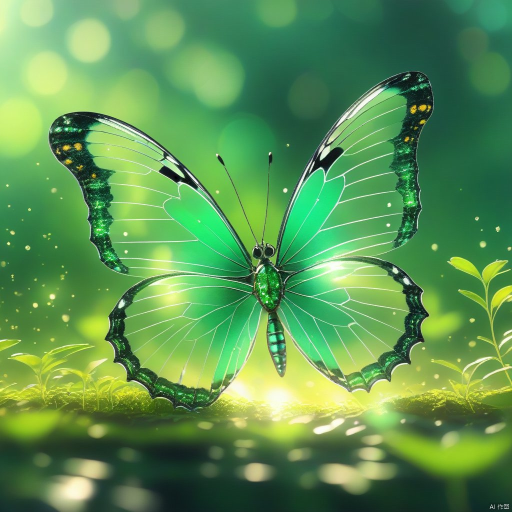 Best quality, very good, 16 thousand, ridiculous, extremely detailed, gorgeous transparent emerald butterfly, background grassland ((masterpiece full of fantasy elements))), ((best quality)), ((intricate details ))(8k)