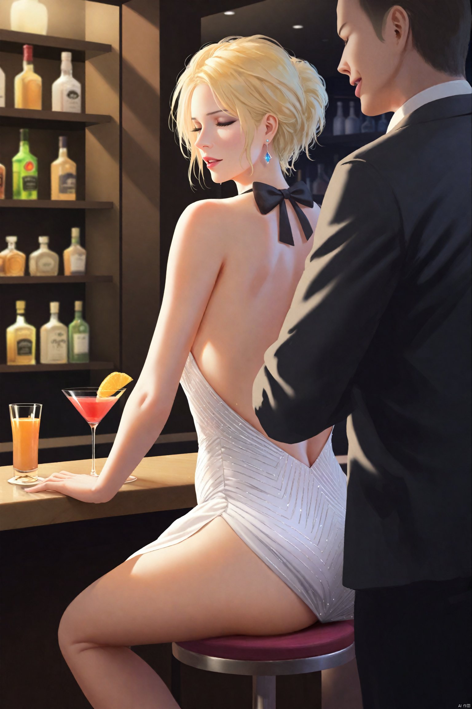 masterpiece,best quality,high quality,(colorful),Colored lead Style, blonde hair, 1girl, dress, drinking glass, multiple boys, cup, backless outfit, bar (place), jewelry, sitting, short hair, bowtie, bow, closed eyes, ass, backless dress, formal, alcohol, 2boys, cocktail glass, black bow, suit, indoors, white dress, black bowtie, bartender, silver dress, stool, earrings