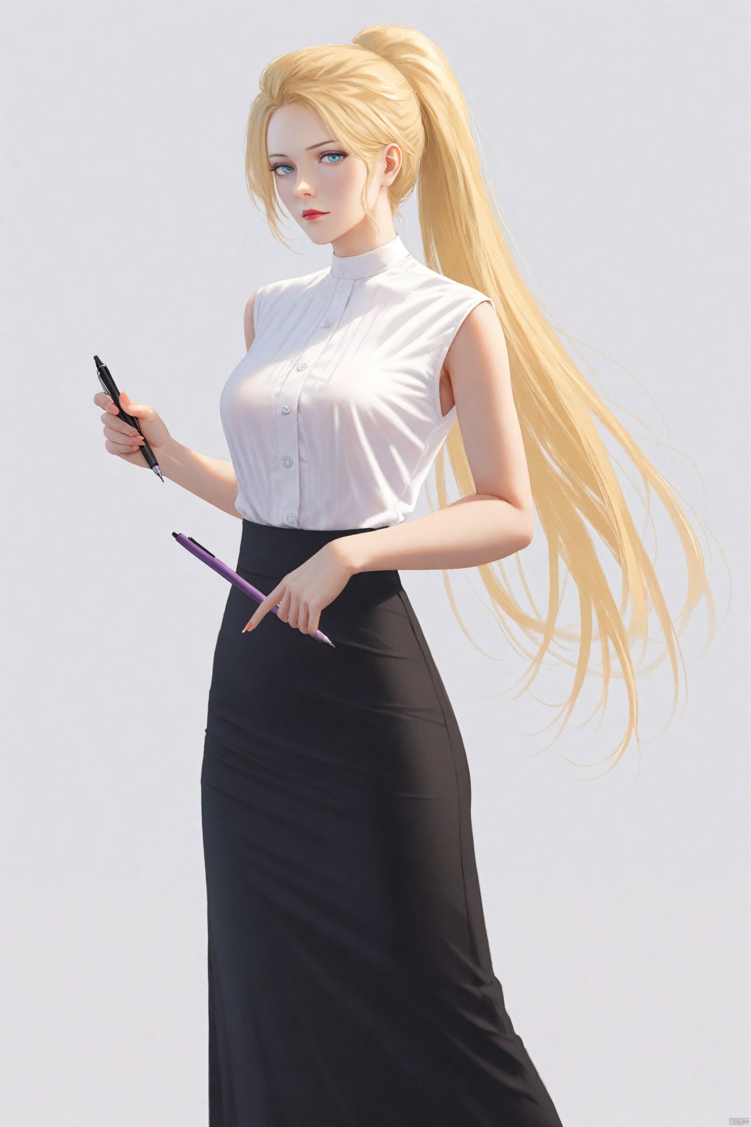 masterpiece,best quality,high quality,(colorful),Colored lead Style, 1girl, solo, blonde hair, long hair, skirt, blue eyes, white background, looking at viewer, black skirt, simple background, sleeveless, shirt, holding, white shirt, pen, long skirt, red lips, standing, ponytail, closed mouth, holding pen