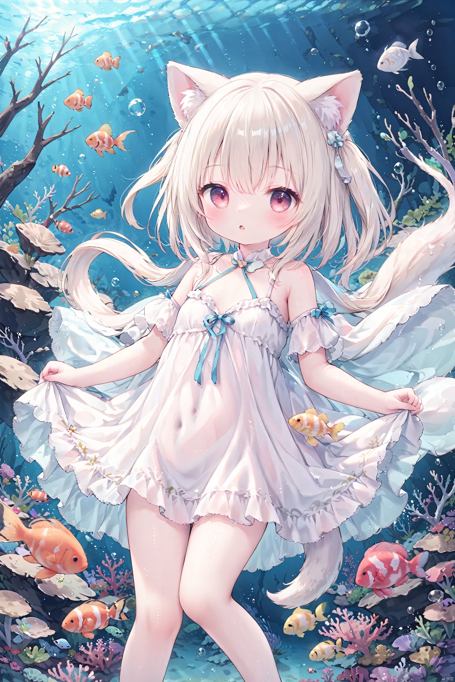  masterpiece,best quality,high quality,(colorful),loli,1girl, solo, petite,loli,small breast,little_head,(small head:1.2), animal ears,animal tail,cuteloliface,underwater,white dress,fish,shell,