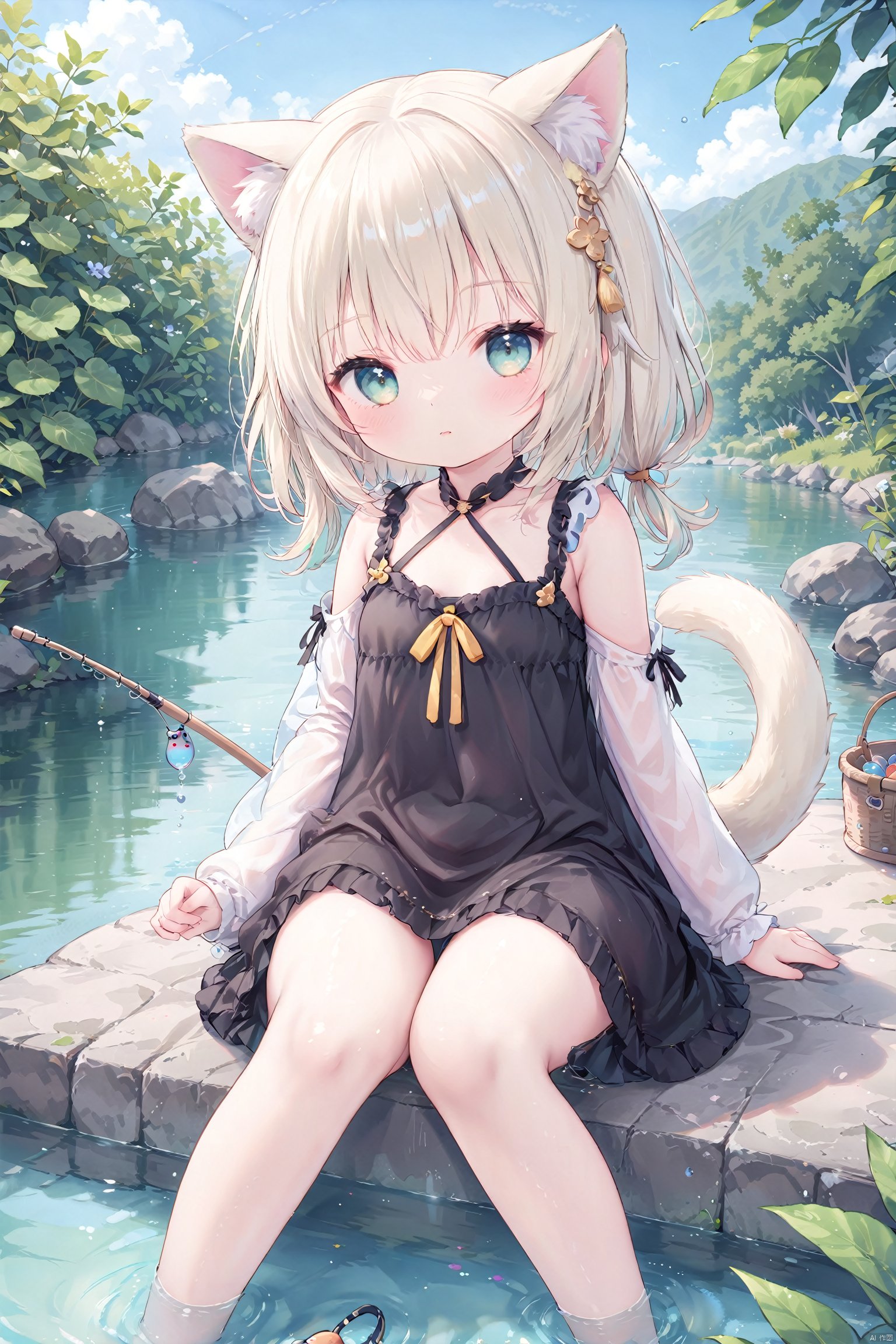  masterpiece,best quality,high quality,(colorful),loli,1girl, solo, petite,loli,small breast,little_head,(small head:1.2), animal ears,animal tail,cuteloliface,fishing,lake,sitting,beside water,