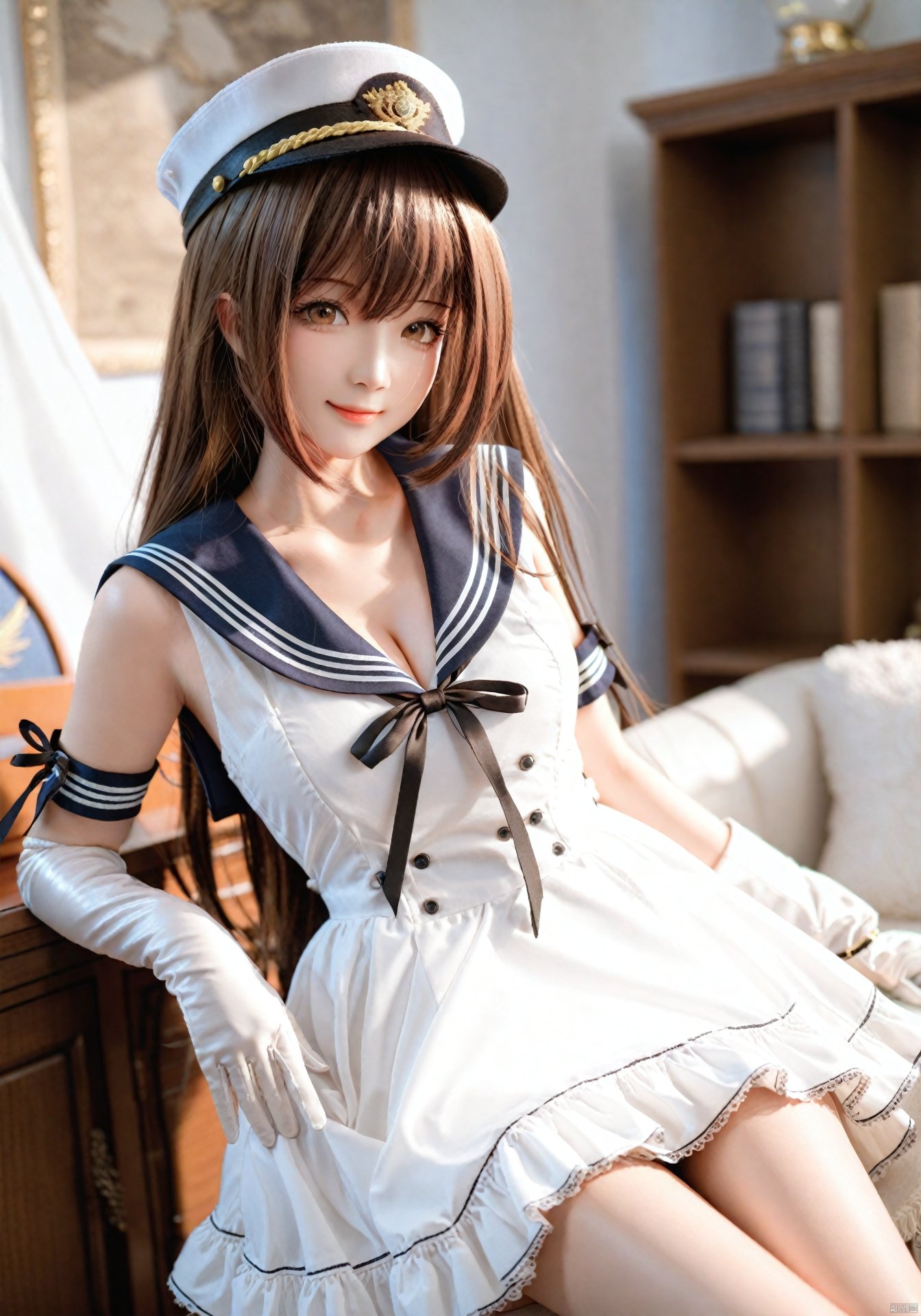 1girl, solo, Hermes, brown hair, brown eyes, looking at viewer, long hair, cleavage, white gloves, elbow gloves, hat, large breasts, sailor collar, white headwear, blue sailor collar, collarbone, bare shoulders, blurry, depth of field, shirt, black ribbon, frills, neck ribbon, smile, indoors, military hat, white dress, bare legs, BREAK, fine fabric emphasis, best quality, masterpiece, best quality, amazing quality, very aesthetic, absurdres, best quality, amazing quality, very aesthetic, absurdres, Highly detailed, best quality, masterpiece, Highly detailed,