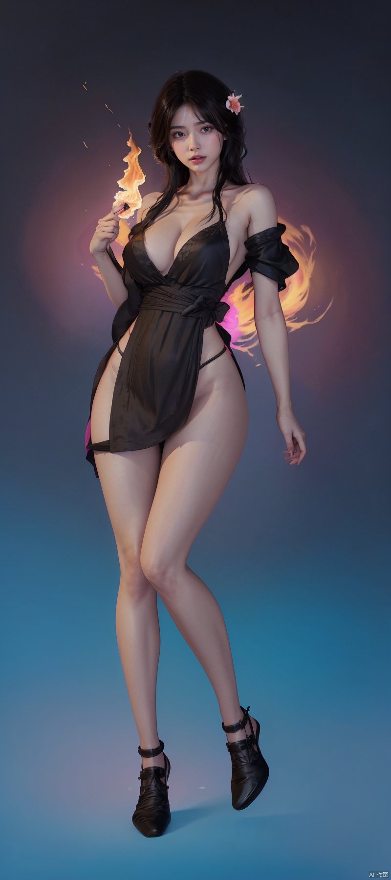 1 girl, flame body, masterpiece, top quality, beautiful and aesthetic:1.2, (1girl:1.3), (full body:1.5),looking at viewer, extreme detailed,cinematic lighting, story, best quality, colorful gradient,SAT1N ninja girl black dress socks,SHEENADG LOINCLOTH SLINGSHOT SWIMSUIT,Cyan Magenta Yellow White