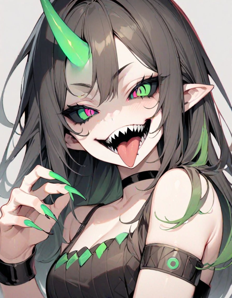 masterpiece,best quality,very aesthetic,absurdres,1girl,black choker,black hair,black sclera,choker,colored sclera,fingernails,green eyes,green horns,green nails,grey background,horns,long fingernails,long hair,mismatched sclera,nail polish,open mouth,sharp fingernails,sharp teeth,simple background,single horn,smile,solo,teeth,tongue,tongue out,transformation,upper body,wrist cuffs,,