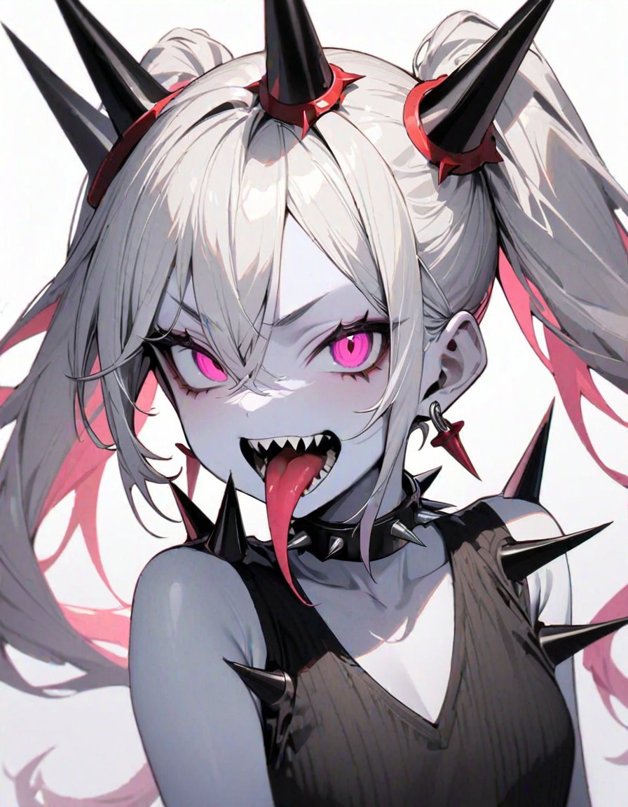 masterpiece,best quality,very aesthetic,absurdres,1girl,black choker,black eyes,choker,collar,colored skin,earrings,fingernails,forked tongue,jewelry,long fingernails,long hair,open mouth,pink eyes,sharp teeth,simple background,solo,spiked collar,spikes,teeth,tongue,tongue out,twintails,upper body,white background,white hair,white skin,,