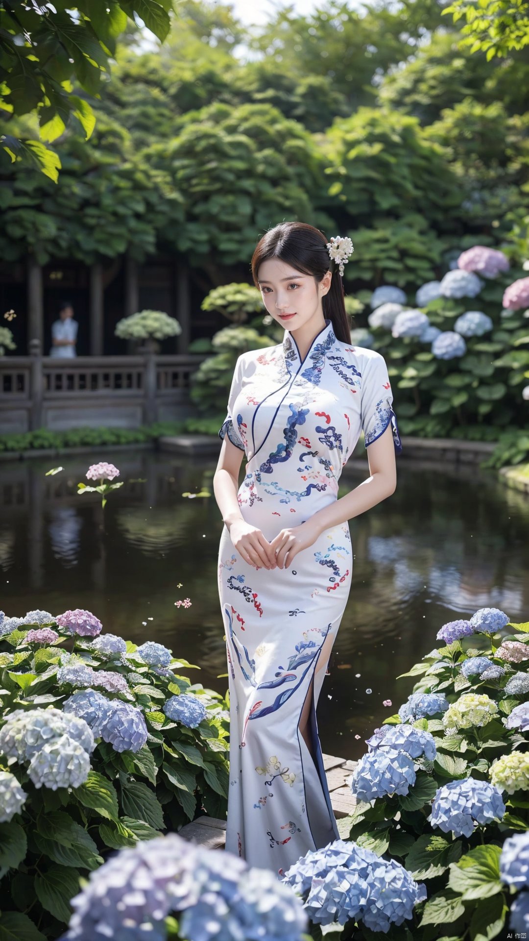  1girl,front,mottledsunlight,hydrangea flowers field,photoparticle,refracted light,light particles,sparkle,backlighting,hydrangea flower,china dress\(haihang\),lingxing, (big breasts:1.69),(Ancient Chinese architecture, Suzhou gardens, gardens full of flowers:1.3), X-Hydrangea, Oil-paper umbrella