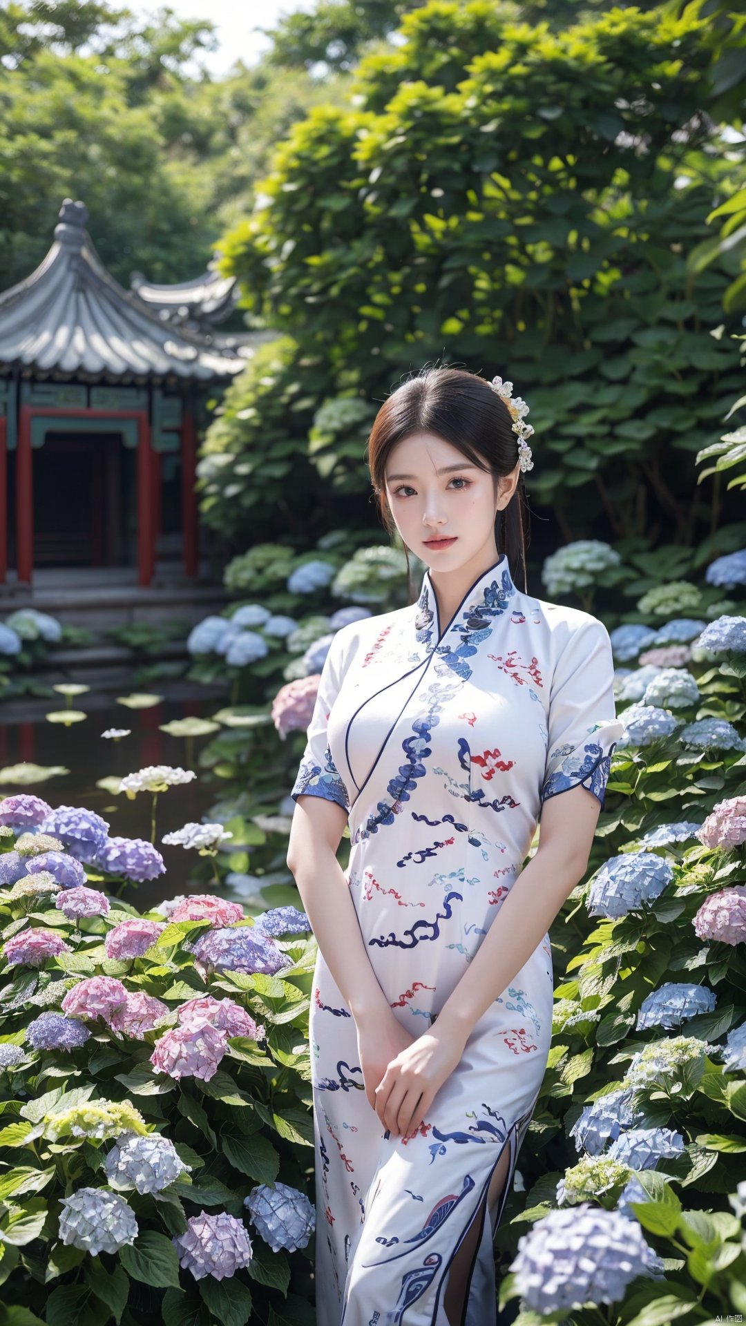  1girl,front,mottledsunlight,hydrangea flowers field,photoparticle,refracted light,light particles,sparkle,backlighting,hydrangea flower,china dress\(haihang\),lingxing, (big breasts:1.69),(Ancient Chinese architecture, Suzhou gardens, gardens full of flowers:1.3), X-Hydrangea, Oil-paper umbrella