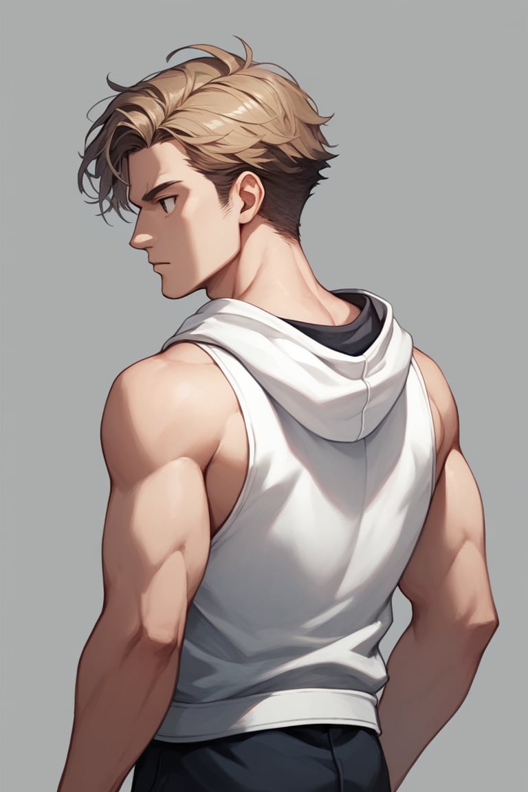 score_9,score_8_up,score_7_up,score_6_up,score_5_up,simple background,beater-style,BREAK
solo,1boy\(white long lop_ears \),clothes\(back sleeveless_hoodie\),beater-style