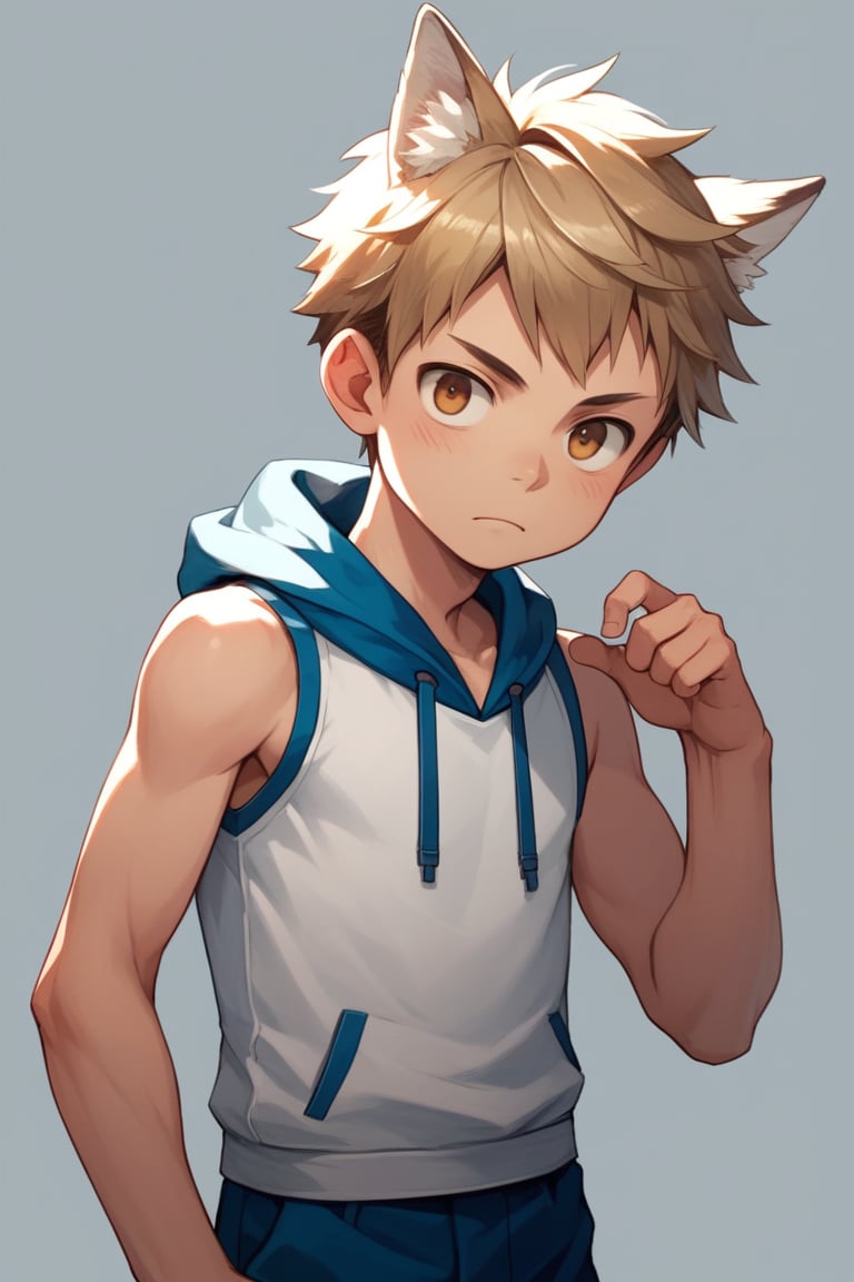 score_9,score_8_up,score_7_up,score_6_up,score_5_up,simple background,beater-style,BREAK
solo,1boy\(shota,white long fox_ears \),clothes\(back sleeveless_hoodie\),beater-style