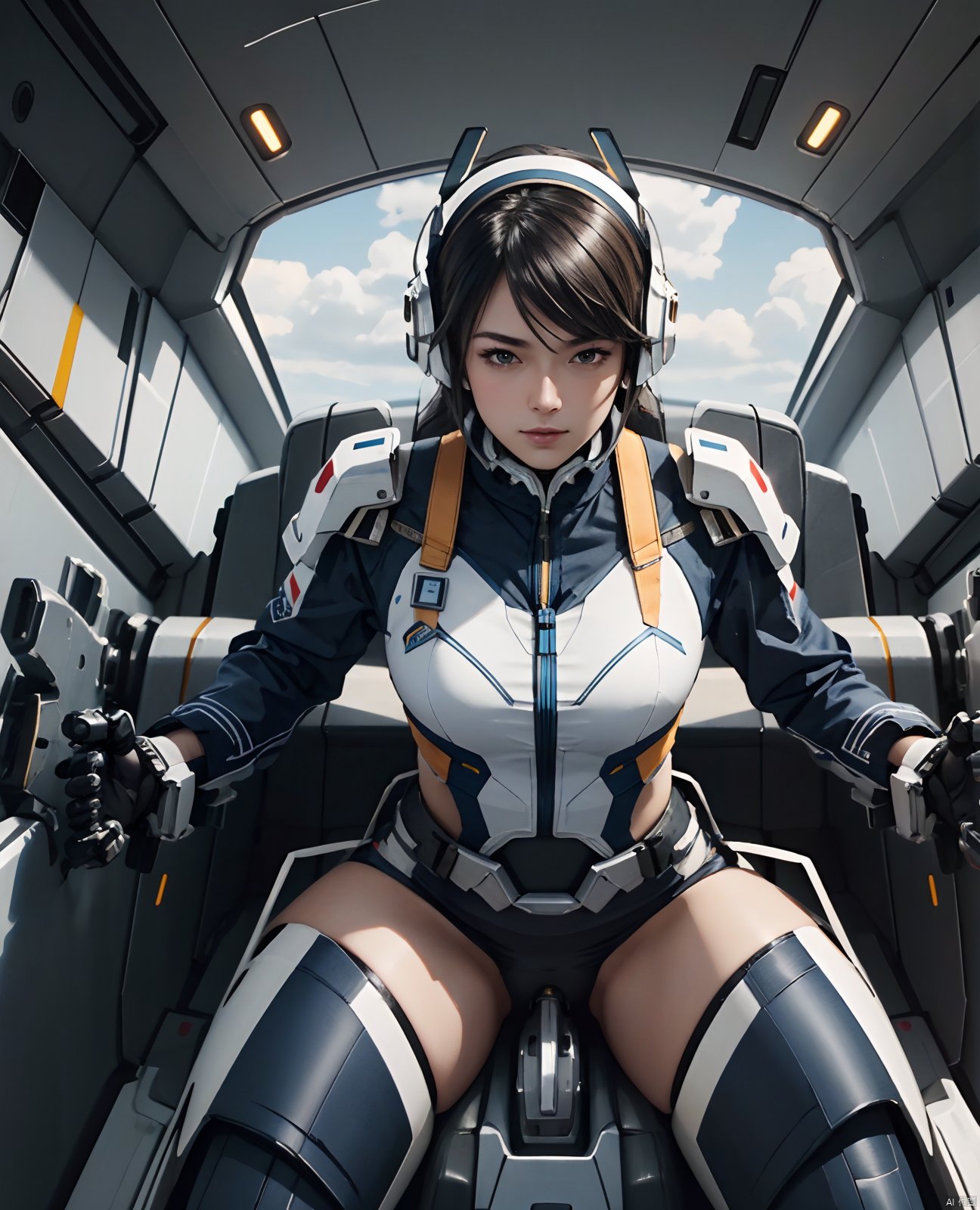  (masterpiece,best quality:1.2),finely detail,(extremely detailed CG unity 8k wallpaper),Amazing,intricate detail,science fiction,super fucking cool,from above,
1girl,bishoujo,airfoil headdress,fighter girl,mechanical restraints,stationary restraints,sex machine,
sitting,detailed mechanical seat,(mecha musume),(in cockpit),
(spread legs), aviation pressure suit,porthole,ourdoors,
ultrawide shot, chinese armor