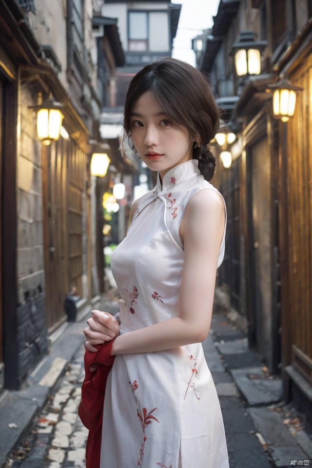  best quality,masterpiece,ultra high res,looking at viewer,simple background,portrait (object),
masterpiece, best quality, ultra high res, a poised beauty in a traditional qipao dress, exquisitely embroidered with dragons, gracing a vintage Shanghai alley, illuminated by the soft glow of lanterns casting long shadows, evoking a nostalgic, mysterious mood, shot with a telephoto lens for intimate portraiture, isolating her amidst the ambient hustle, capturing the essence of timelessness.

