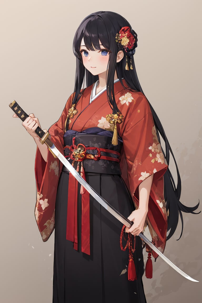 Illustration of a girl holding a Japanese sword . The girl is carrying a Japanese sword. The girl is wearing a beautiful pink and navy blue kimono. She has long black hair and a flower hair ornament.,Samurai_Girl,Sword,kanata