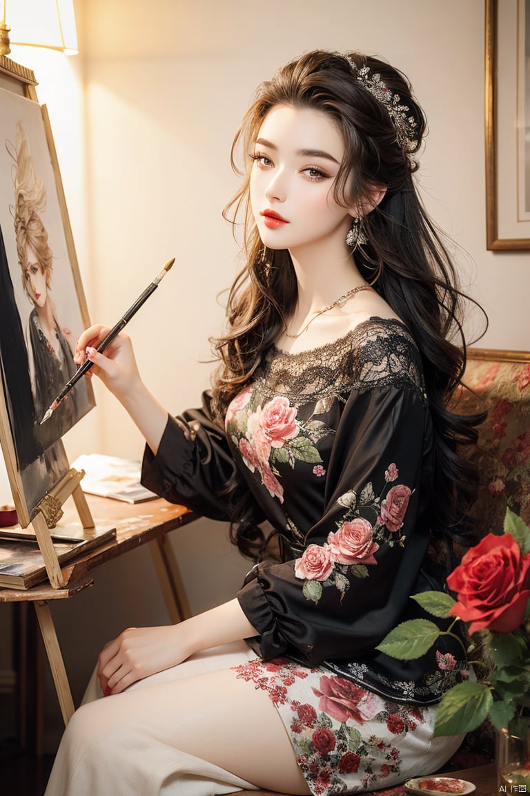 Best quality,masterpiece,1 girl,beautiful face,eyebrows,through hair,roses,clothes,sitting,painting