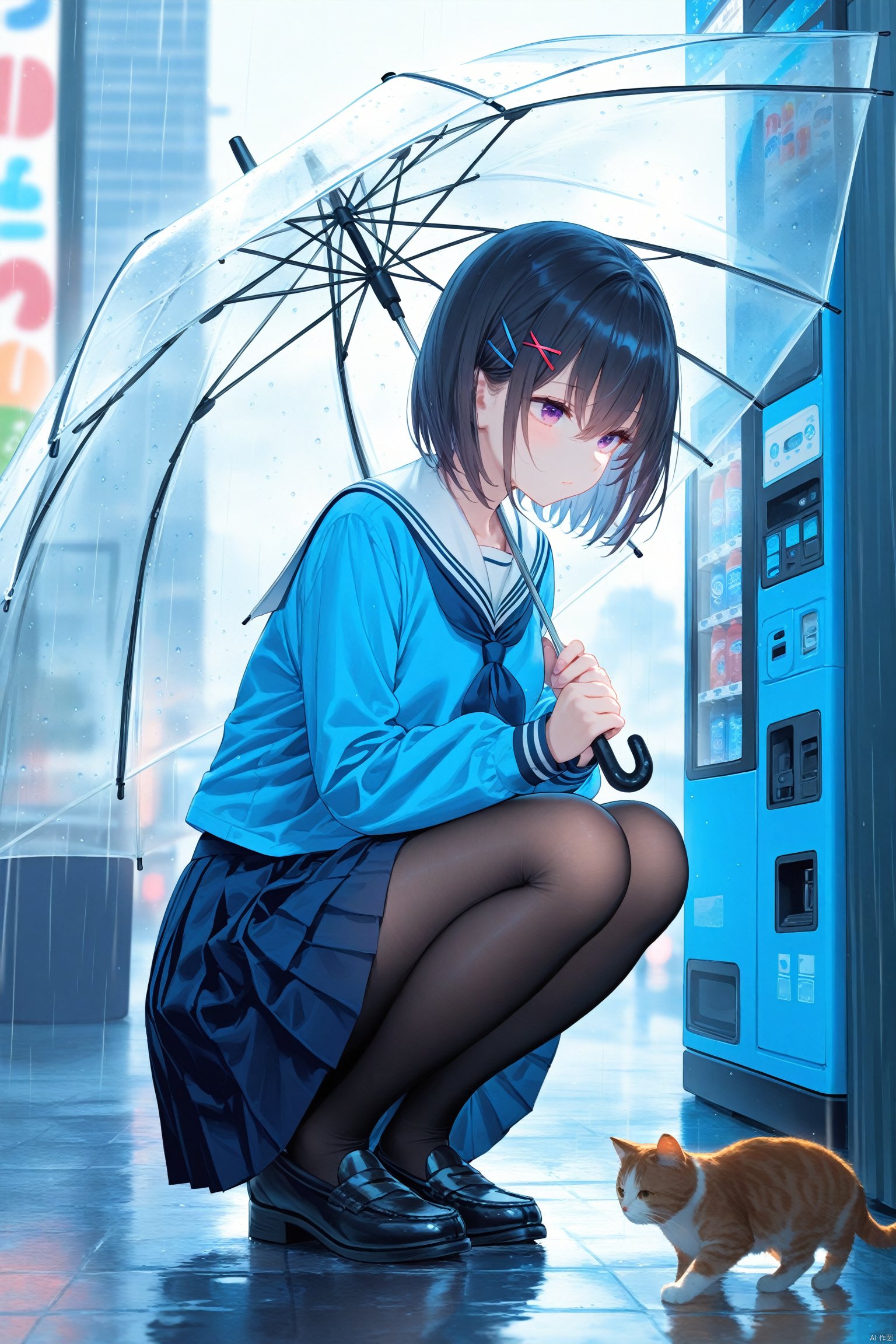 (masterpiece),(best quality),illustration,ultra detailed,hdr,Depth of field,(colorful),1girl,transparent,school uniform,rain,umbrella,cat,hair ornament,pantyhose,squatting,skirt,transparent umbrella,serafuku,holding,short hair,solo,purple eyes,black footwear,white sailor collar,outdoors,loafers,shoes,hairclip,sailor collar,x hair ornament,long sleeves,neckerchief,black hair,pleated skirt,bangs,holding umbrella,blue shirt,animal,shirt,blue serafuku,closed mouth,hair between eyes,black pantyhose,vending machine,blue skirt,black skirt,TT,TT