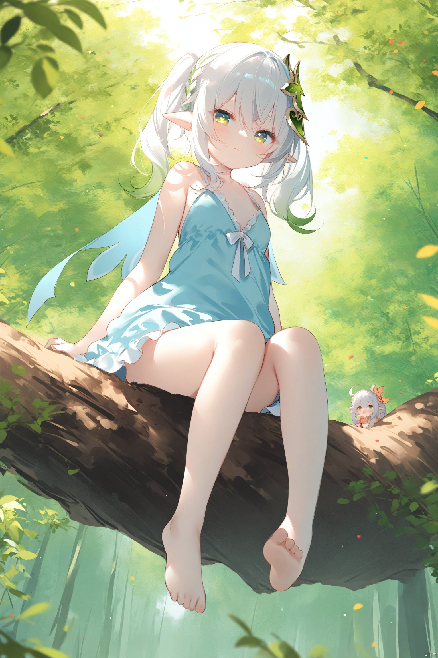 masterpiece,best quality,high quality,(colorful),[Artist miwano rag],[Artist toosaka asagi],[Artist wlop],[Artist chen bin],loli,1girl, solo, petite,loli,elf girl,pointy_ears,small breast, :),Trees, huge trees, Sitting on a branch of a tree, (chibi:0.1), masterpiece,bestquality, white hair,green hair,green eyes,symbol-shaped pupils, bangs, breasts,cross-shaped pupils, hair ornament, gradient hair,bare foot, nahida (genshin impact),,TT