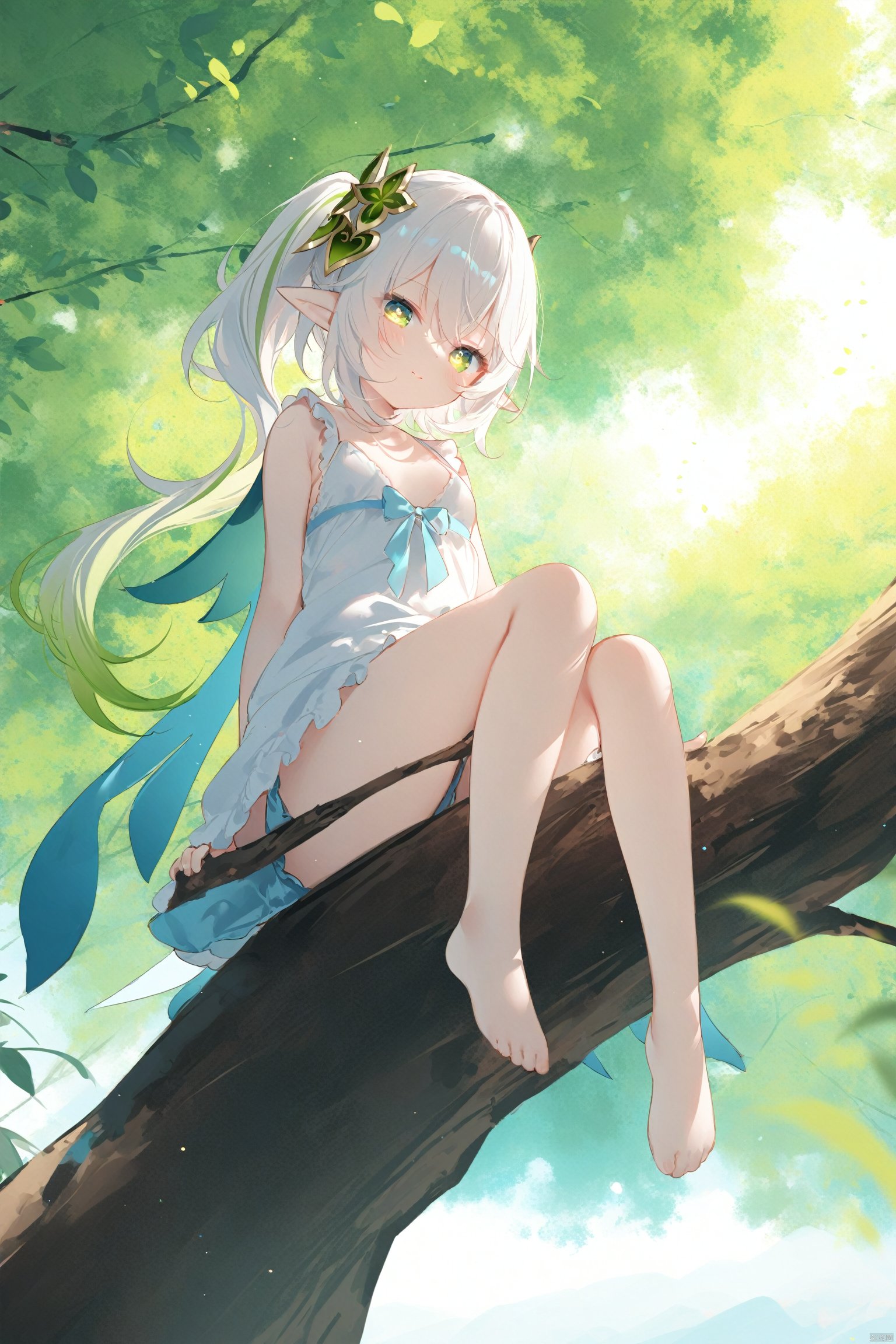 masterpiece,best quality,high quality,(colorful),[Artist miwano rag],[Artist toosaka asagi],[Artist wlop],[Artist chen bin],loli,1girl, solo, petite,loli,elf girl,pointy_ears,small breast, :),Trees, huge trees, Sitting on a branch of a tree, (chibi:0.1), masterpiece,bestquality, white hair,green hair,green eyes,symbol-shaped pupils, bangs, breasts,cross-shaped pupils, hair ornament, gradient hair,bare foot, nahida (genshin impact),,TT