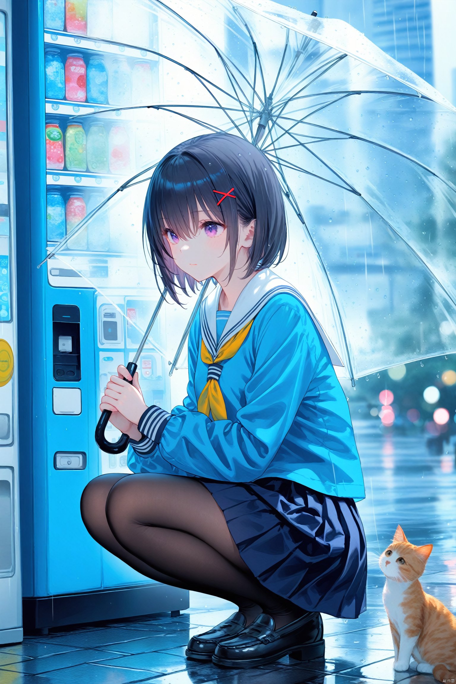 (masterpiece),(best quality),illustration,ultra detailed,hdr,Depth of field,(colorful),1girl,transparent,school uniform,rain,umbrella,cat,hair ornament,pantyhose,squatting,skirt,transparent umbrella,serafuku,holding,short hair,solo,purple eyes,black footwear,white sailor collar,outdoors,loafers,shoes,hairclip,sailor collar,x hair ornament,long sleeves,neckerchief,black hair,pleated skirt,bangs,holding umbrella,blue shirt,animal,shirt,blue serafuku,closed mouth,hair between eyes,black pantyhose,vending machine,blue skirt,black skirt,TT,TT