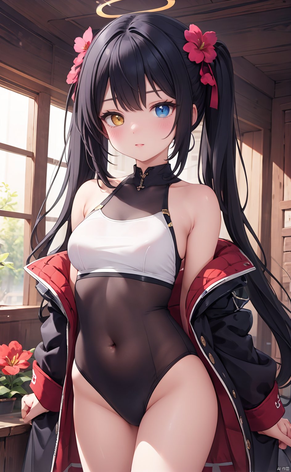 masterpiece,best quality,high quality,(colorful),[Artist miwano rag],[Artist chen bin],[Artist wlop],Artist momomoi momoi, solo, red flower, 1girl, , flower, blue jacket, hair ornament, heterochromia, swimsuit, twintails, long hair, ahoge, yellow eyes, navel, halo, blush, looking at viewer, jacket, fril