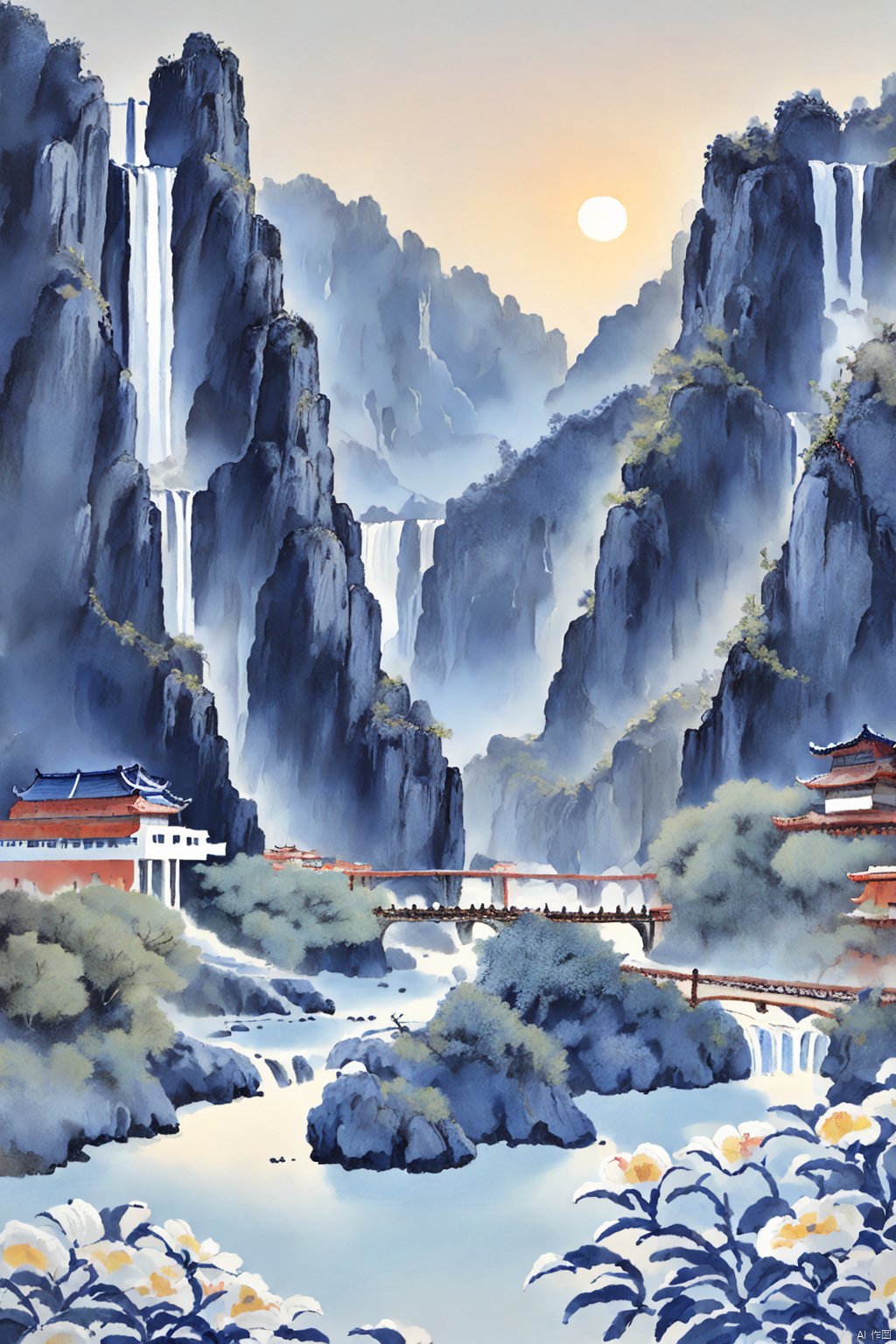  Blue and white porcelain style landscape painting,landscape painting, sun, mountains, rivers, trees, flowers and plants, ancient buildings, waterfalls, (best quality), ((masterpiece)), (an extremely delicate and beautiful), original, extremely detailed wallpaper
, girl