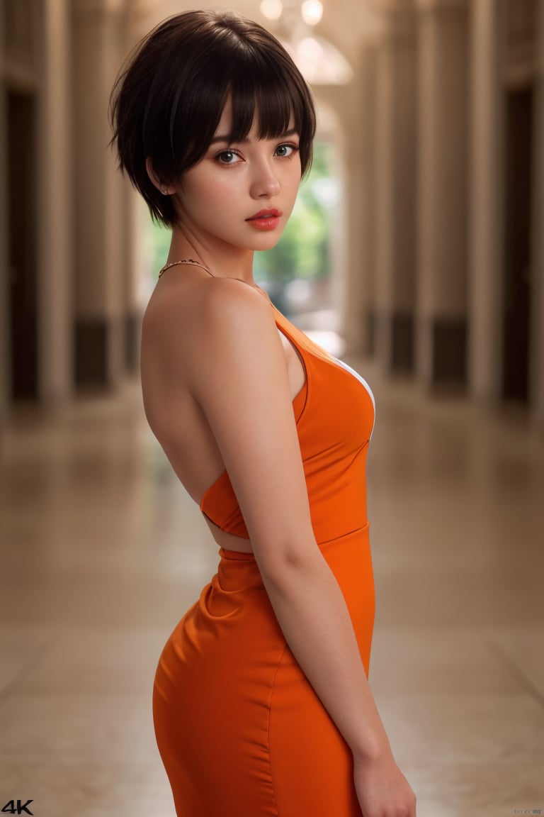 (best quality,4k,8k,highres,masterpiece:1.2),ultra-detailed,(realistic,photorealistic,photo-realistic:1.37), photorealistic, photography,1girl, solo, looking at viewer, short hair, bangs, black hair, orange dress, parted lips, (orange and white dress:1.2), professional photography,realistic