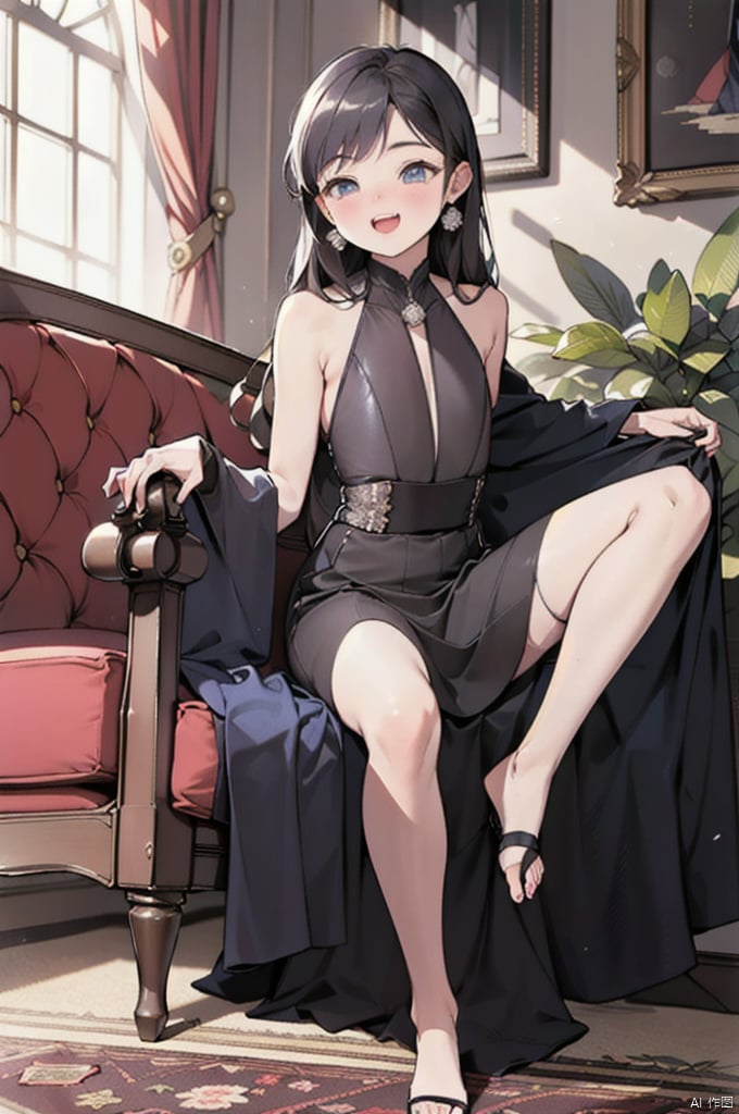 sexy pose,sexy cloth,loli,masterpiece, panorama,a girl, solo focus, half_body,long hair, dress, sitting in sofa, a delicate sitting room, a photo frame on the wall, velvet curtains, sofa in modern minimalist  style, ((carpet)) on the floor, beautiful flowers, skirt_lift, cns_dress,laughing