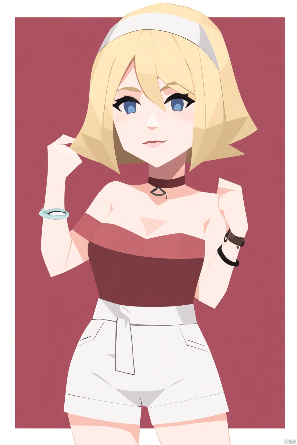  1girl, solo, short hair, bangs, blue eyes, blonde hair, shirt, hair between eyes, jewelry, closed mouth, collarbone, hairband, shorts, hand up, medium hair, collar, bracelet, sash, eyelashes, strapless, frown, border, red shirt, white border, white shorts, red hairband, neck ring, waist cape, strapless shirt, irida \(pokemon\), INTP\(mbti\)