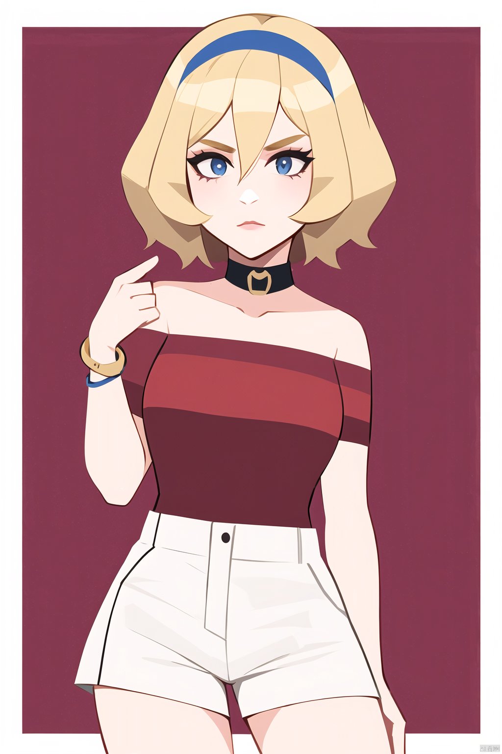  1girl, solo, short hair, bangs, blue eyes, blonde hair, shirt, hair between eyes, jewelry, closed mouth, collarbone, hairband, shorts, hand up, medium hair, collar, bracelet, sash, eyelashes, strapless, frown, border, red shirt, white border, white shorts, red hairband, neck ring, waist cape, strapless shirt, irida \(pokemon\), INTP\(mbti\)