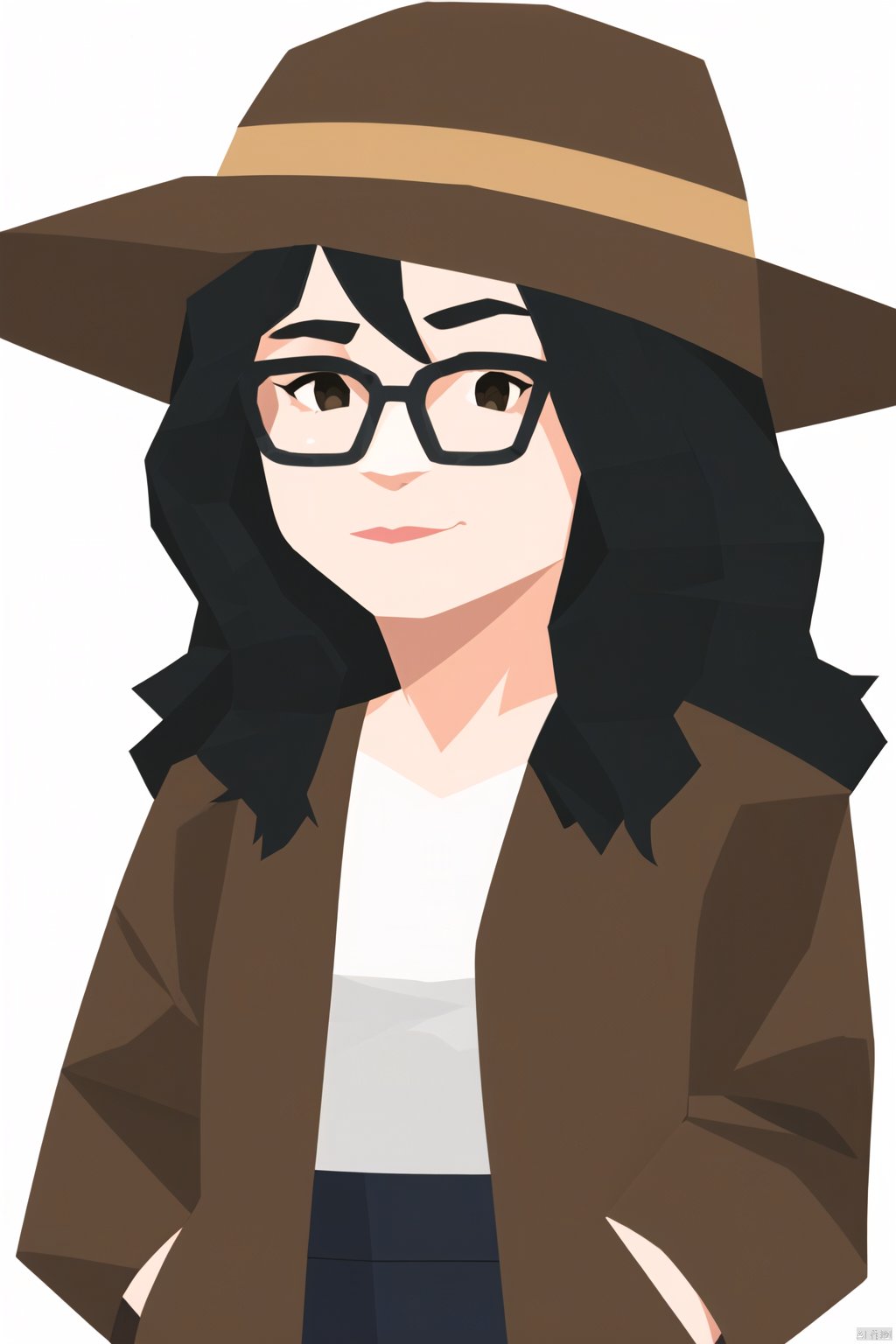 \(mbti\),1girl, solo, long hair, looking at viewer, bangs, simple background, shirt, black hair, long sleeves, hat, white background, brown eyes, closed mouth, white shirt, glasses, coat, black headwear, hand in pocket, round eyewear, hand on headwear, brown coat