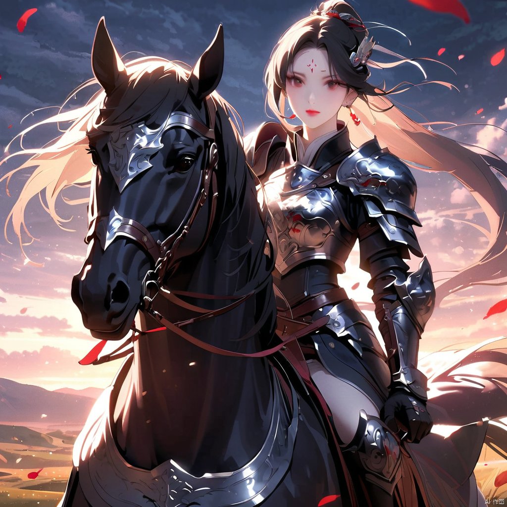  1girl, solo, long hair, looking at viewer, black hair, hair ornament, gloves, jewelry, closed mouth, ponytail, earrings, outdoors, sky, black gloves, cloud, hair bun, armor, petals, makeup, facial mark, shoulder armor, breastplate, forehead mark, red lips, riding, horse, falling petals, horseback riding