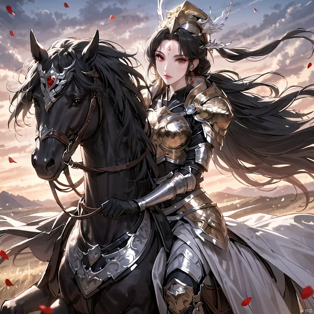  1girl, solo, long hair, looking at viewer, black hair, hair ornament, gloves, jewelry, closed mouth, ponytail, earrings, outdoors, sky, black gloves, cloud, hair bun, armor, petals, makeup, facial mark, shoulder armor, breastplate, forehead mark, red lips, riding, horse, falling petals, horseback riding,Miao Silver Phoenix Crown