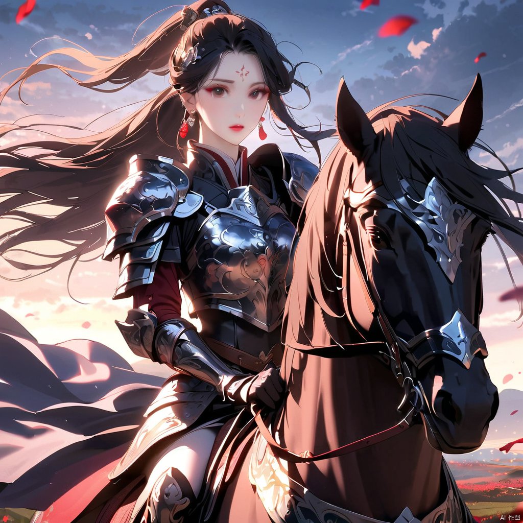  1girl, solo, long hair, looking at viewer, black hair, hair ornament, gloves, jewelry, closed mouth, ponytail, earrings, outdoors, sky, black gloves, cloud, hair bun, armor, petals, makeup, facial mark, shoulder armor, breastplate, forehead mark, red lips, riding, horse, falling petals, horseback riding