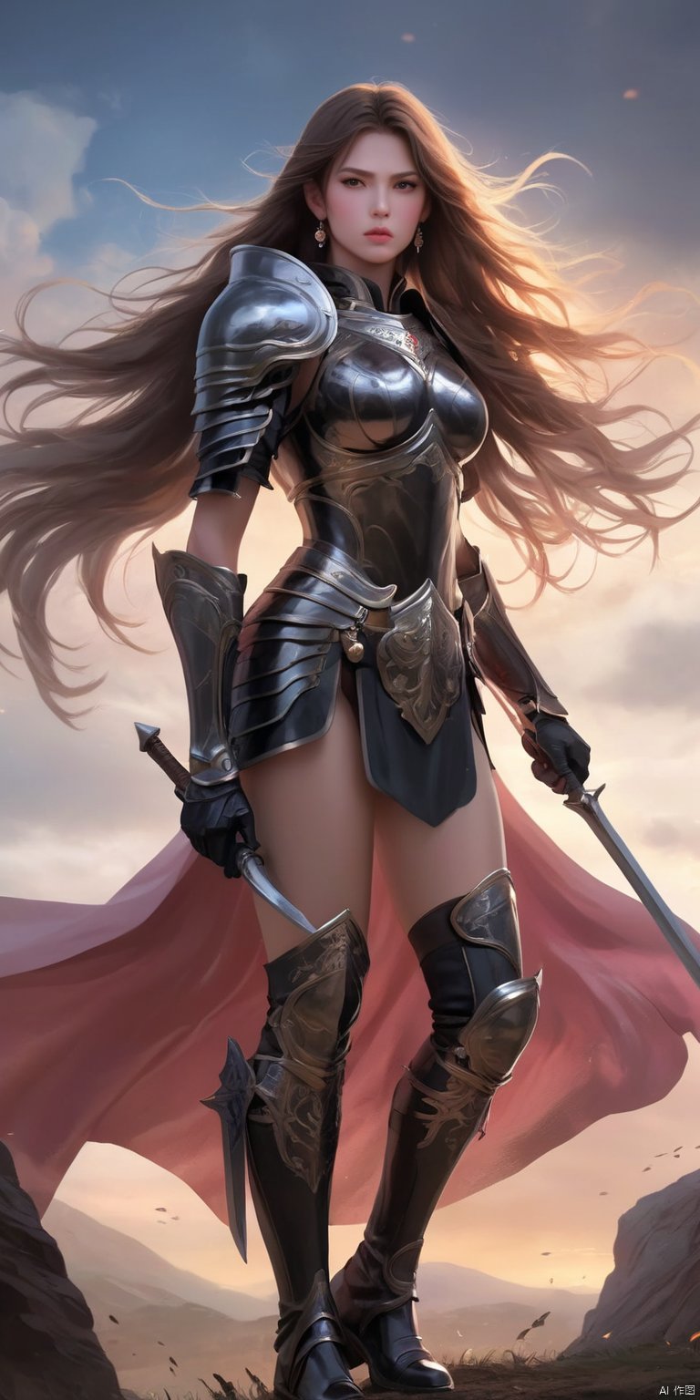 1girl, solo, long hair, breasts, looking at viewer, thighhighs, gloves, holding, brown eyes, jewelry, weapon, earrings, boots, outdoors, sky, black gloves, cloud, cape, holding weapon, armor, helmet, cloudy sky, polearm, shoulder armor, gauntlets, pauldrons, spear, breastplate, riding, holding polearm, horse, horseback riding