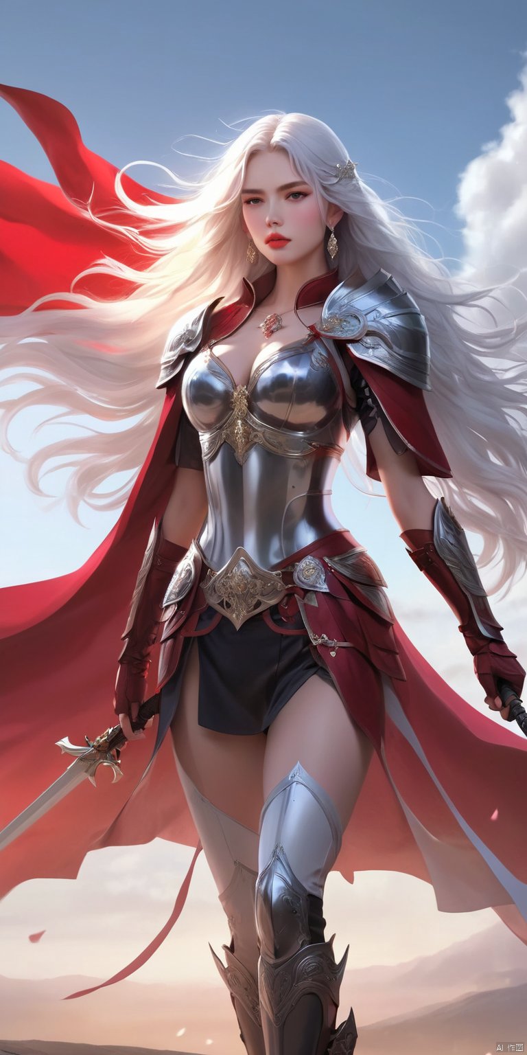 1girl, solo, long hair, breasts, looking at viewer, holding, jewelry, weapon, white hair, earrings, boots, outdoors, sky, sword, cloud, cape, holding weapon, armor, petals, holding sword, crown, shoulder armor, gauntlets, breastplate, red cape, red lips, riding, horse, horseback riding