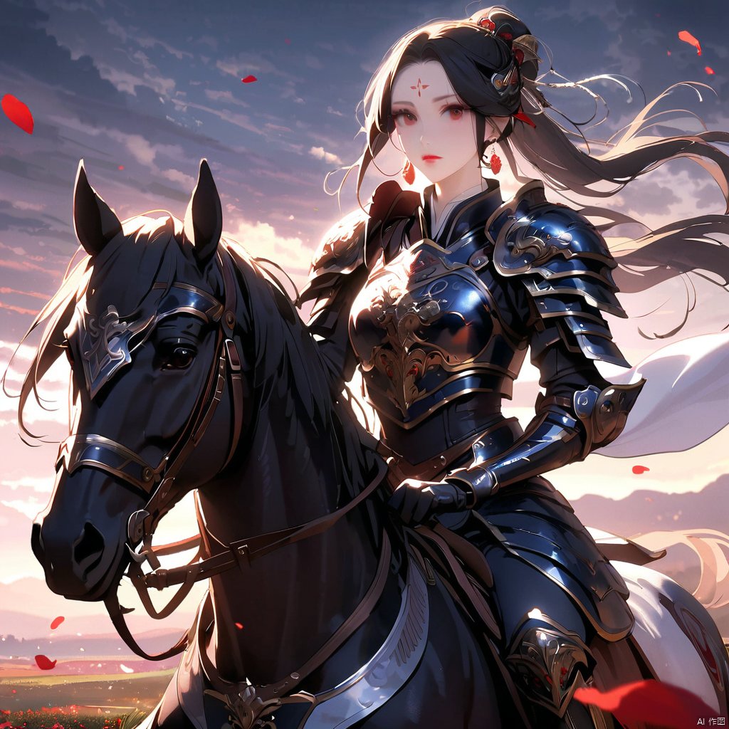  1girl, solo, long hair, looking at viewer, black hair, hair ornament, gloves, jewelry, closed mouth, ponytail, earrings, outdoors, sky, black gloves, cloud, hair bun, armor, petals, makeup, facial mark, shoulder armor, breastplate, forehead mark, red lips, riding, horse, falling petals, horseback riding