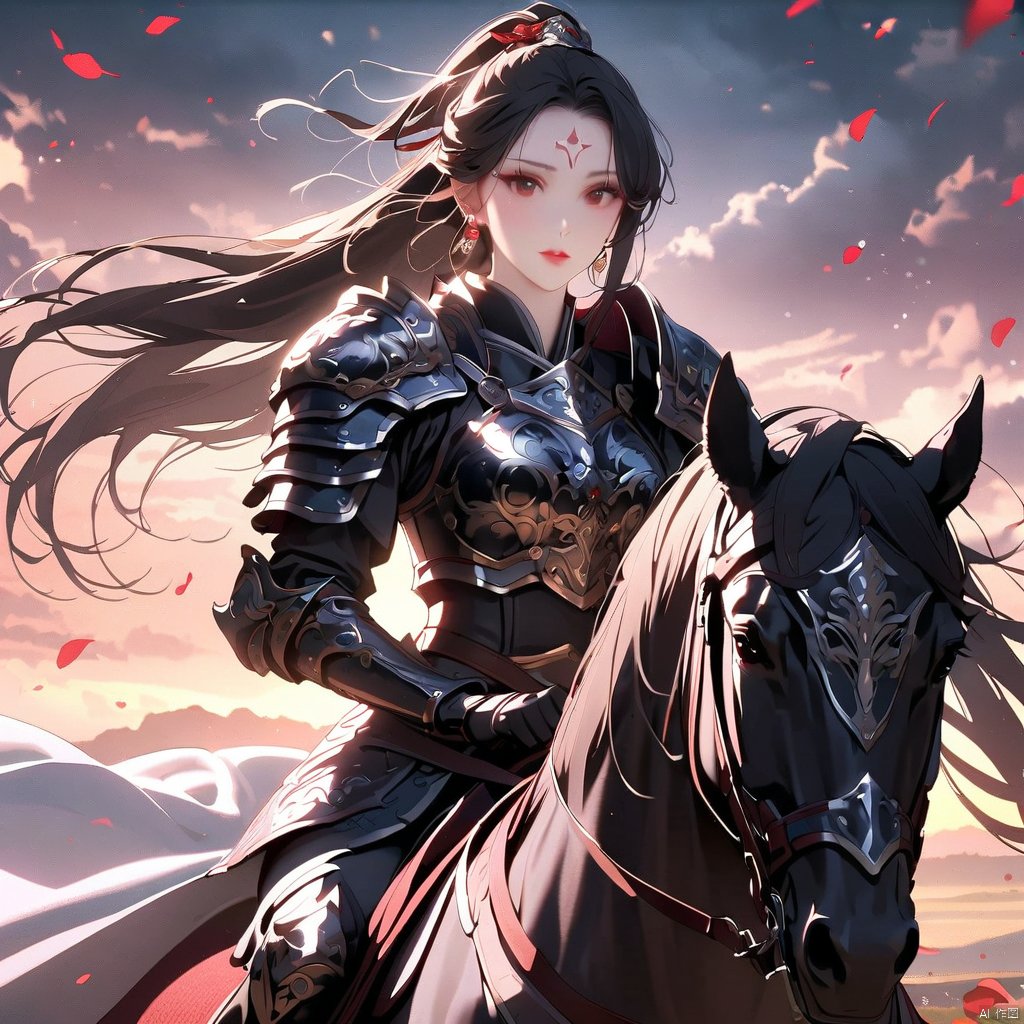  1girl, solo, long hair, looking at viewer, black hair, hair ornament, gloves, jewelry, closed mouth, ponytail, earrings, outdoors, sky, black gloves, cloud, hair bun, armor, petals, makeup, facial mark, shoulder armor, breastplate, forehead mark, red lips, riding, horse, falling petals, horseback riding