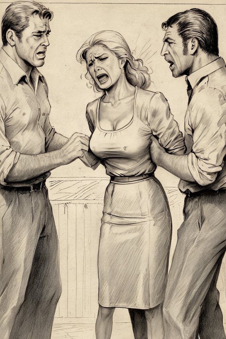 drawing of woman , crying, (((tight shirt))), pencil skirt, being attacked by 2 men in cellar,frenchlineart,