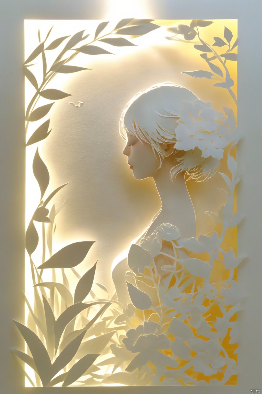 fdjz
1girl
solo
short hair
hair ornament
closed eyes
upper body
flower
white hair
cloud
hair flower
from side
profile
bird
leaf
plant
white theme
sunlight