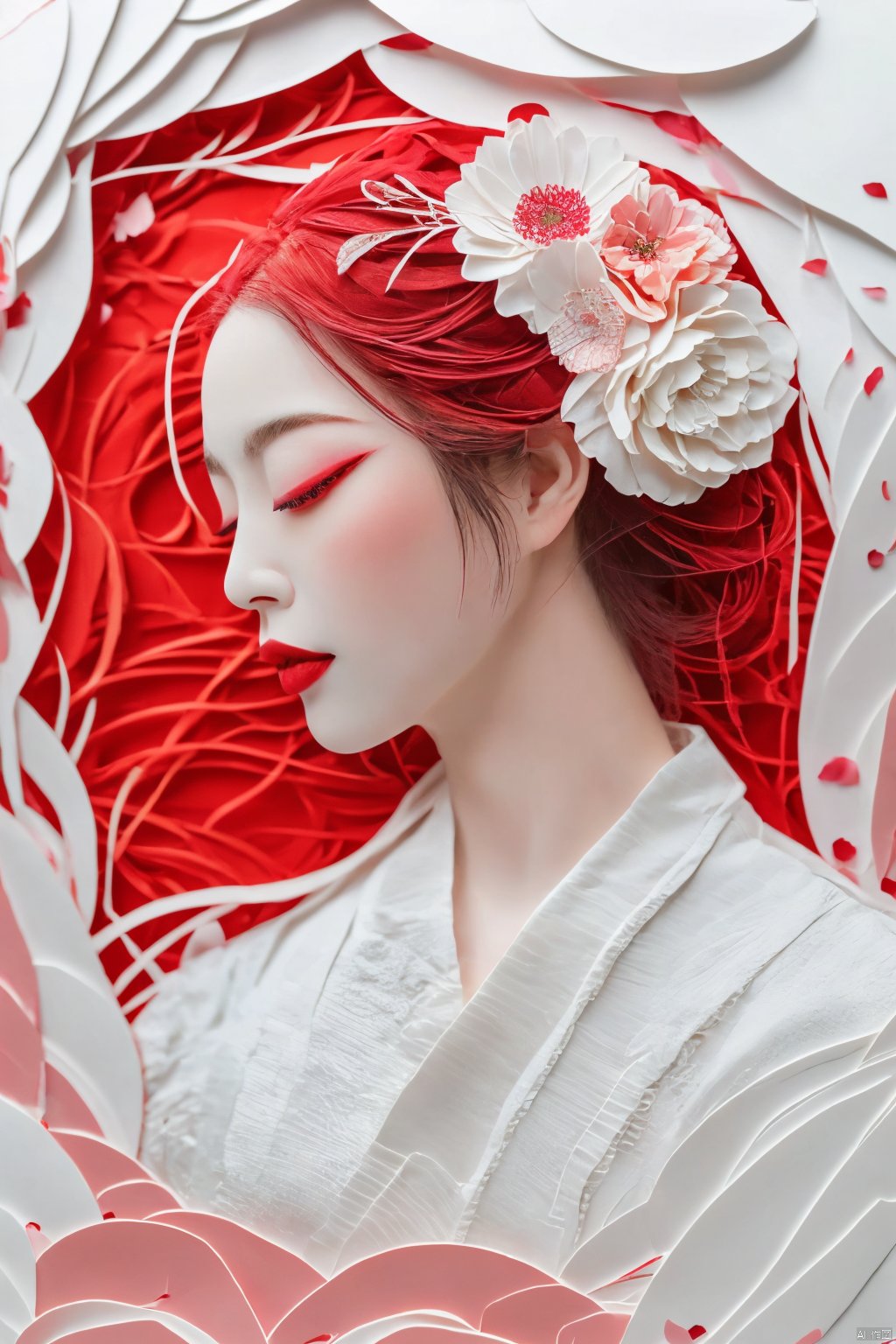 fdjz
1girl
solo
long hair
hair ornament
closed eyes
flower
red hair
parted lips
hair flower
petals
eyelashes
profile
makeup
red lips
egasumi